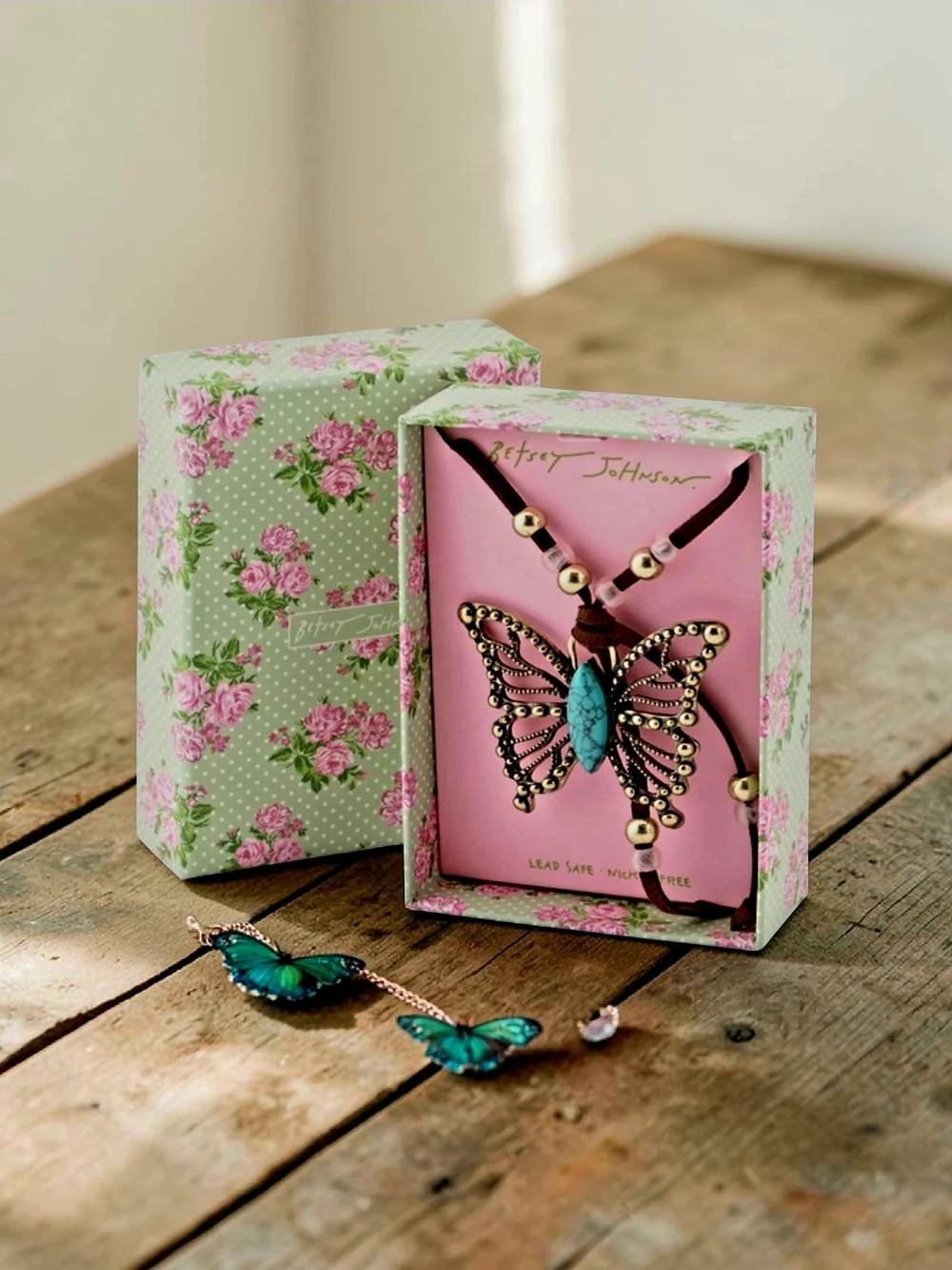 NEW Betsey Johnson Butterfly Boho Necklace Suede Cord Faux Turquoise Stone 16 in